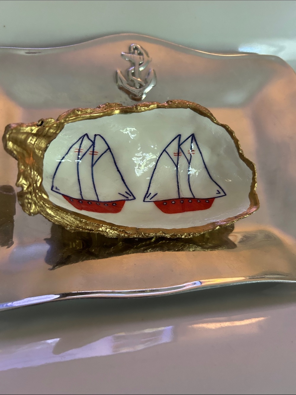 Handpainted Nautical Oyster Shell Dish with Sailboat Motif
